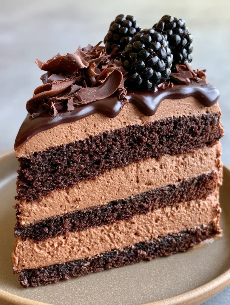 High-angle close-up of Chocolate Mousse Cake Filling between dark sponge layers with a ganache drip.