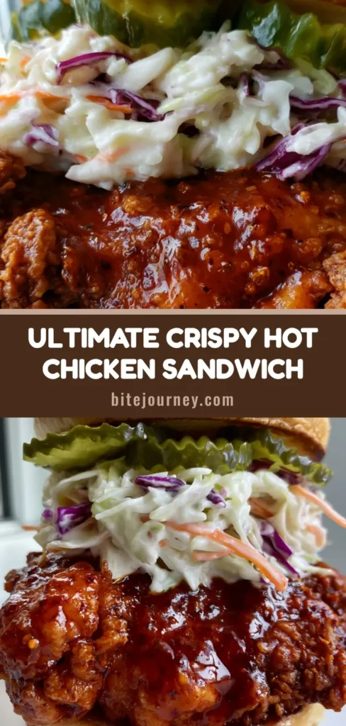 A handheld Nashville Hot Chicken Sandwich featuring extra-crispy chicken with a deep-red glaze, slaw, and pickles on a brioche bun.