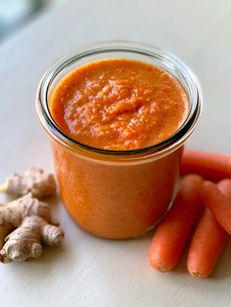 Close up of Ginger Salad Dressing with fresh ginger root pieces and baby carrots on a neutral off-white wooden table.