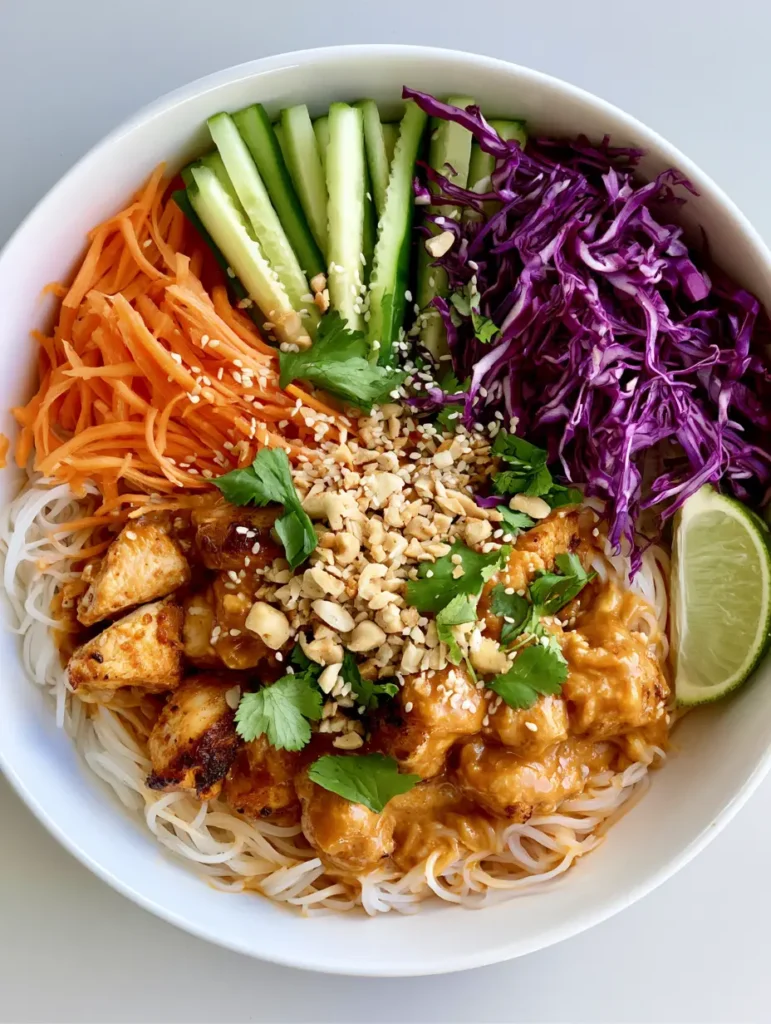 Top-down view of Thai Peanut Chicken Noodle Bowls in a white ceramic bowl with glossy sauce and colorful julienned vegetables.