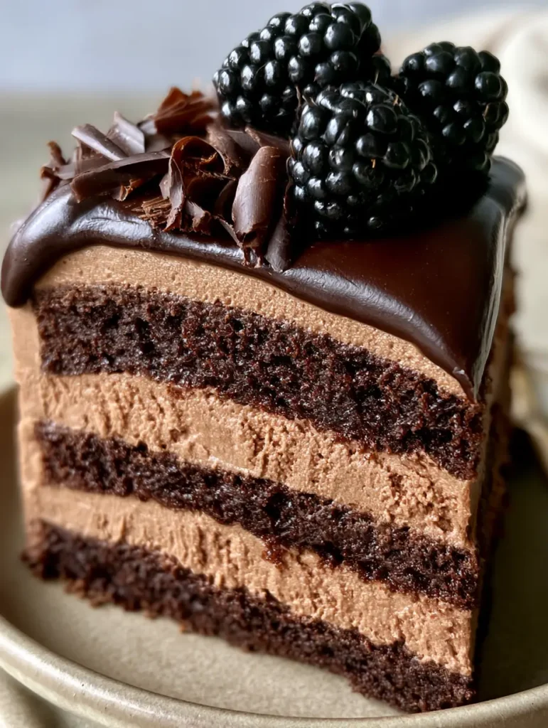 Chocolate Mousse Cake Filling: The Ultimate Stable & Silky Recipe 1 A smartphone-style handheld photo of a cake slice garnished with three blackberries and chocolate curls.