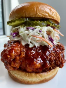 Close-up of the craggy texture of the fried chicken breast with visible cayenne spice flecks in a Nashville Hot Chicken Sandwich.