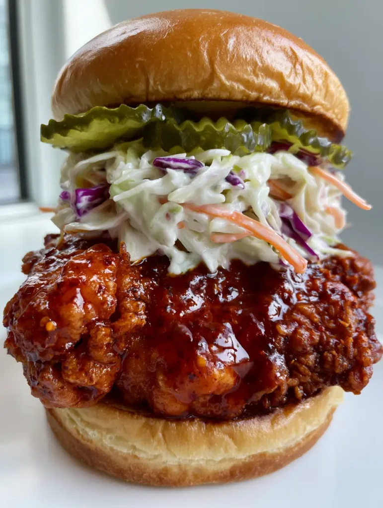 Close-up of the craggy texture of the fried chicken breast with visible cayenne spice flecks in a Nashville Hot Chicken Sandwich.