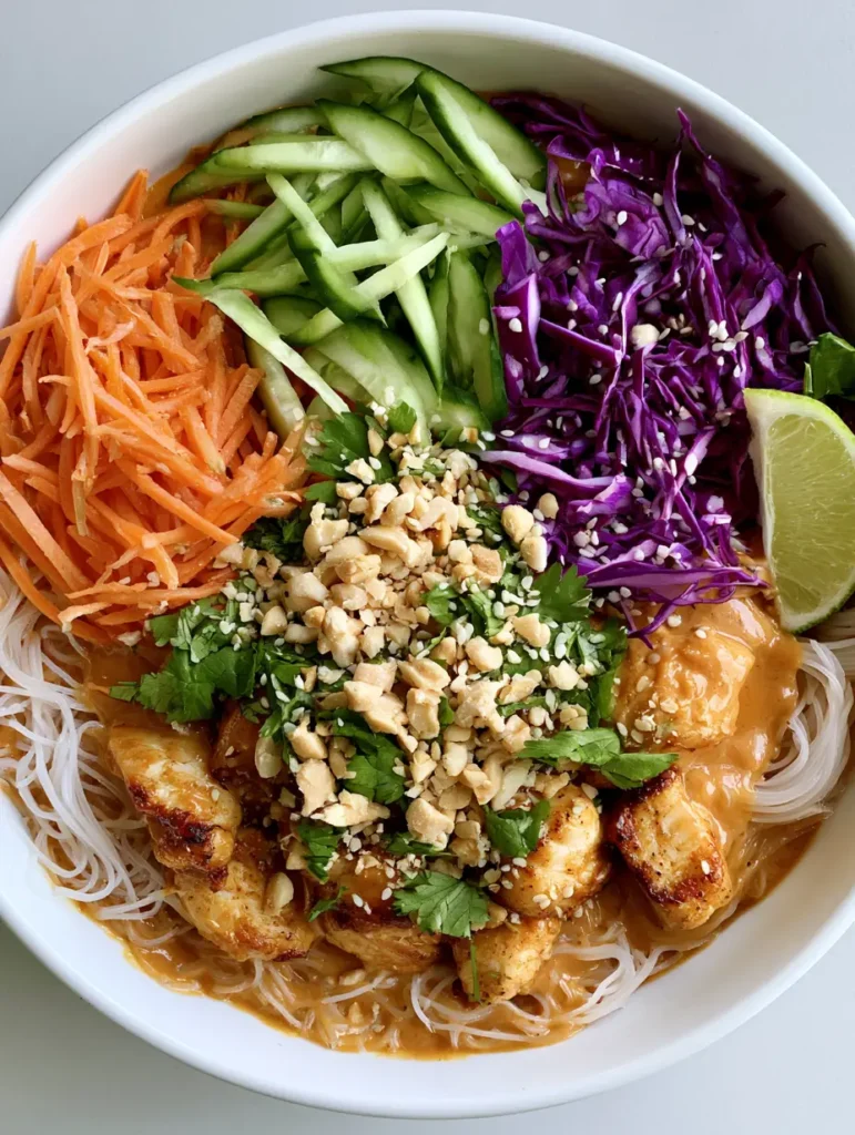 Detailed close-up of seared chicken and crushed peanuts on top of Thai Peanut Chicken Noodle Bowls.