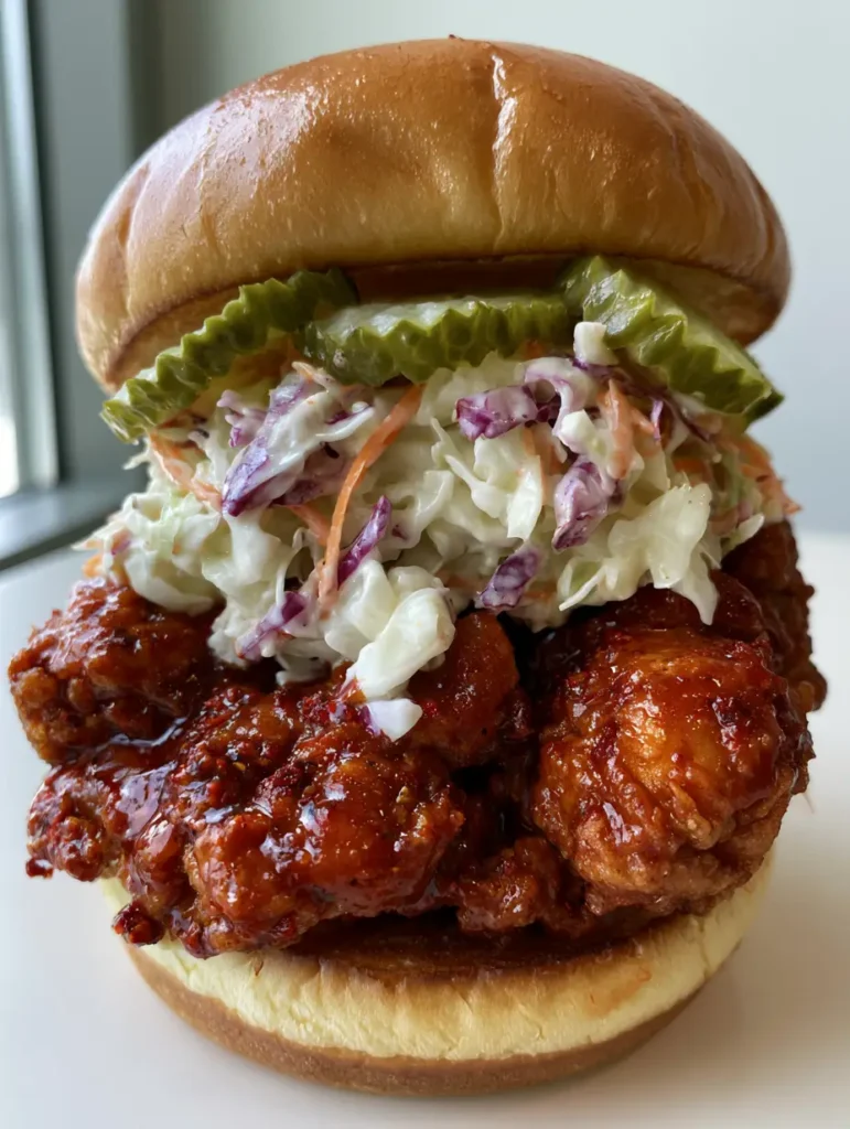 Nashville Hot Chicken Sandwich showing the layers of purple and white cabbage slaw and crinkle-cut pickles on a toasted bun.