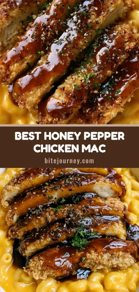 A close-up vertical shot of Honey Pepper Chicken Mac and Cheese with a glossy dark amber glaze and fresh parsley garnish.