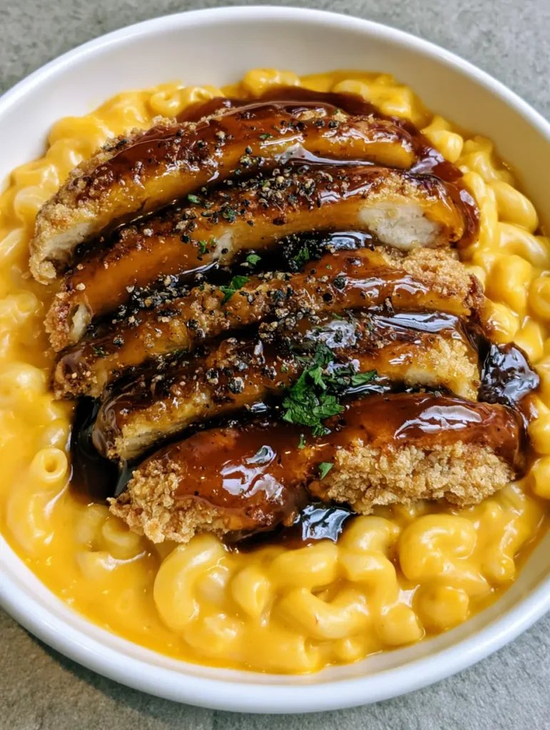 A top-down angled shot of a white ceramic bowl filled with creamy orange macaroni and cheese topped with sliced breaded chicken in a glossy honey pepper glaze. (Honey Pepper Chicken Mac and Cheese)