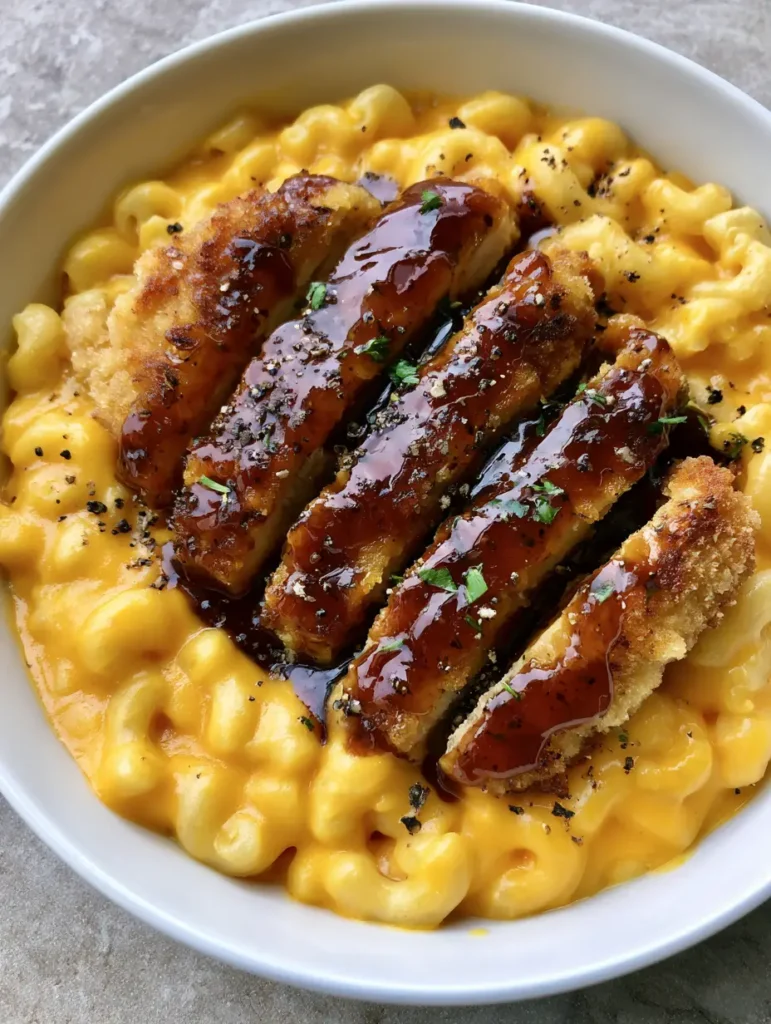 Detailed view of the thick cheddar cheese sauce and elbow macaroni with honey pepper chicken. (Honey Pepper Chicken Mac and Cheese)