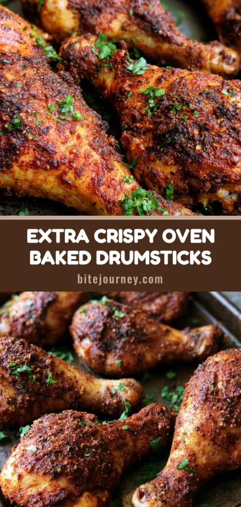 Oven Baked Chicken Drumsticks with Crispy Smoked Paprika Skin 3 A close-up shot of crispy Oven Baked Chicken Drumsticks on a dark baking sheet, featuring blistered golden-brown skin with visible smoked paprika rub and fresh parsley garnish.