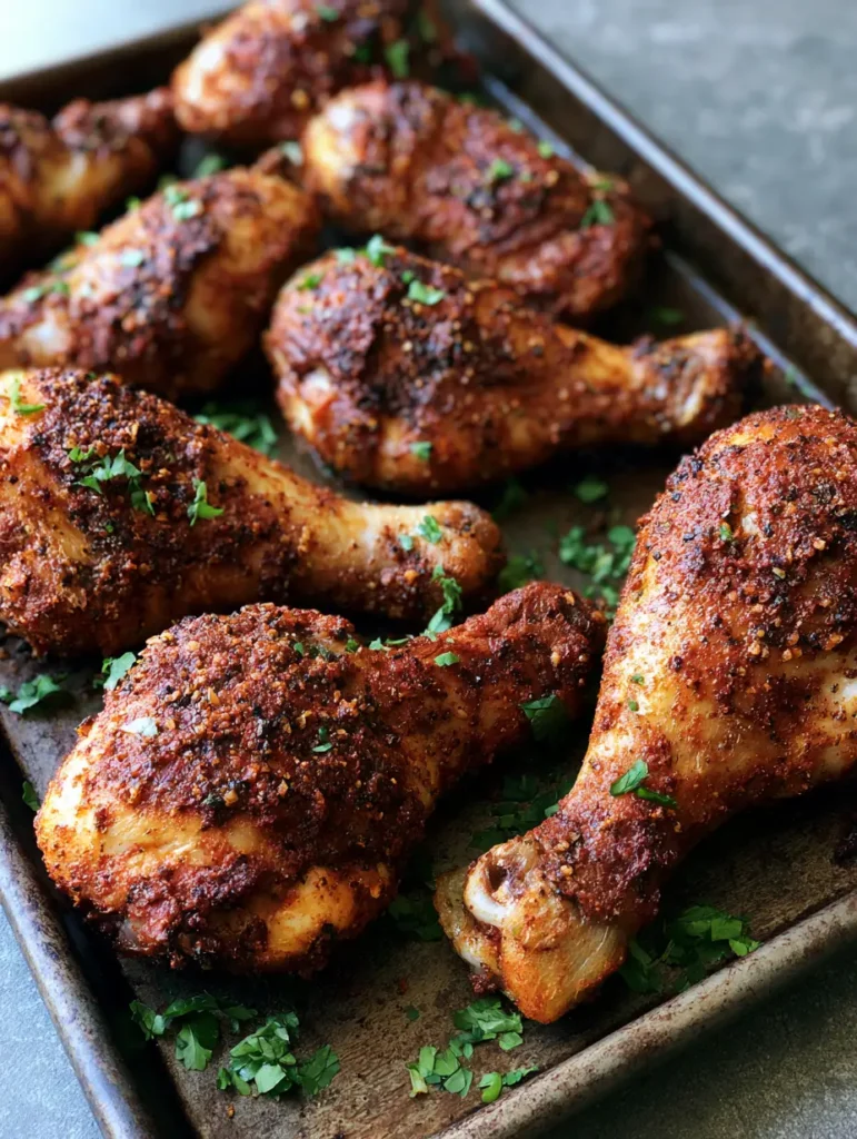 Oven Baked Chicken Drumsticks with Crispy Smoked Paprika Skin 2 Overhead view of several Oven Baked Chicken Drumsticks arranged on a rustic metal tray, showing the crackly texture of the skin and garlic granules.