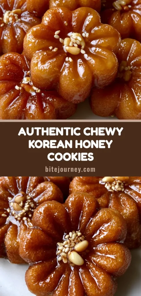 A close-up shot of flower-shaped Yakgwa Korean Honey Cookies with a dark golden brown exterior, glossy ginger-honey glaze, and a garnish of pine nuts and sesame seeds.