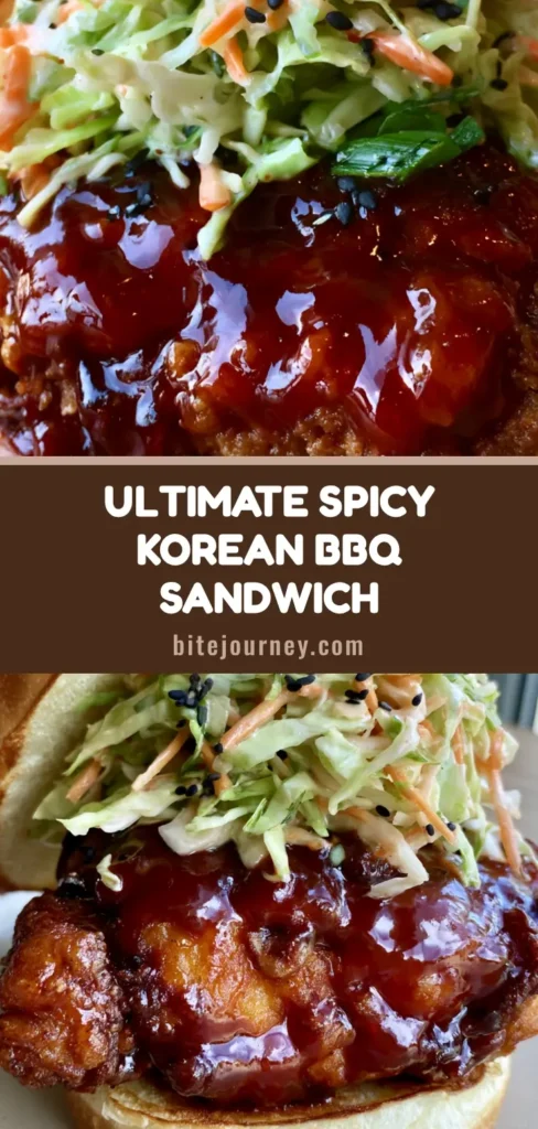A close-up vertical view of a loaded Korean BBQ Chicken Sandwich featuring glossy charred chicken thighs, tricolor slaw, sesame seeds, and scallions on a toasted brioche bun.
