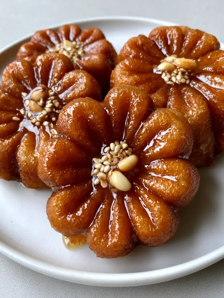 Smartphone photo of traditional Yakgwa Korean Honey Cookies on a matte white plate, highlighting the glossy syrup and petal ridges.
