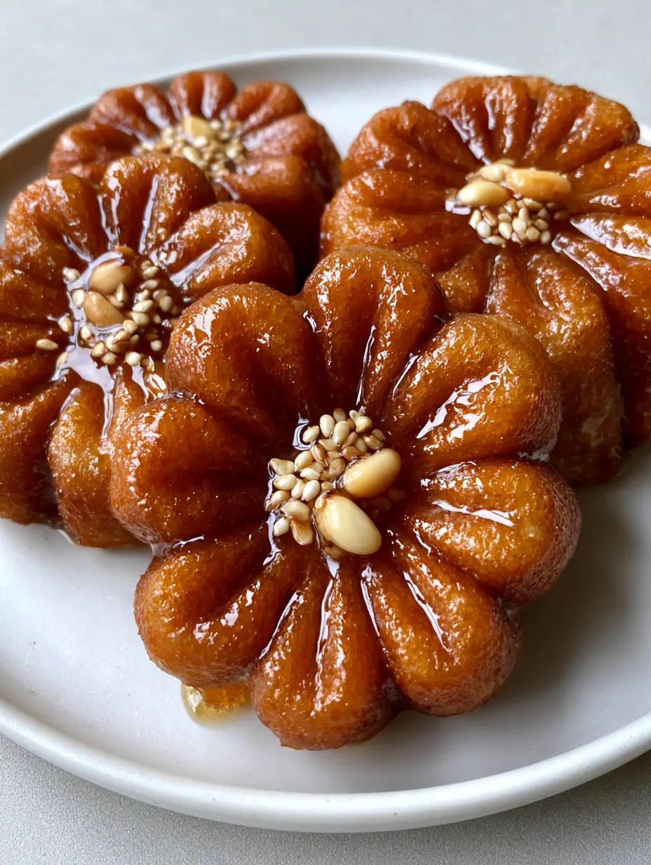 Smartphone photo of traditional Yakgwa Korean Honey Cookies on a matte white plate, highlighting the glossy syrup and petal ridges.