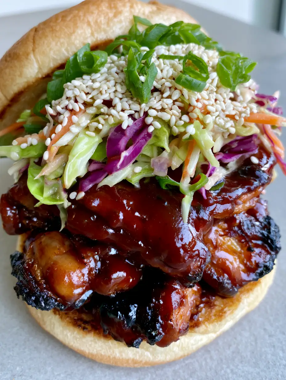 High-angle smartphone shot of a glossy Korean BBQ Chicken Sandwich with vibrant purple and green cabbage slaw on a toasted brioche bun against a grey background.