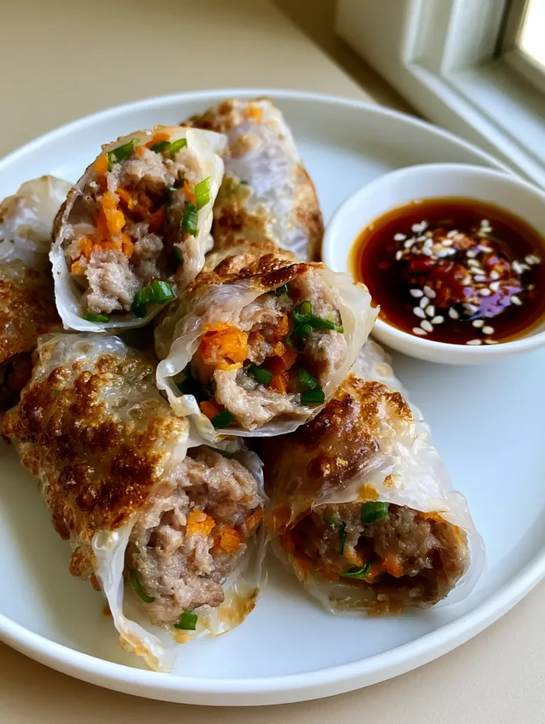 Close-up shot of crispy Rice Paper Dumplings on a minimalist white ceramic plate, detailing the translucent blistered wrapper and the colorful meat, carrot, and green scallion filling inside.