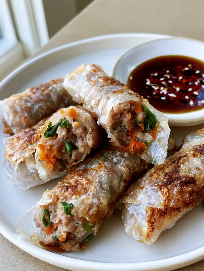 Handheld photo of golden-brown pan-fried Rice Paper Dumplings neatly arranged next to a small dish of dark brown soy dipping sauce topped with red chili oil.