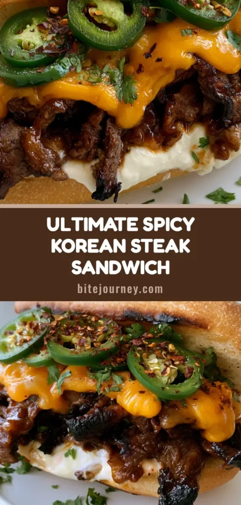 A handheld smartphone photo of a Korean Steak Sandwich with charred shaved sirloin, melted cheddar, and fresh jalapenos on a buttered hoagie roll.