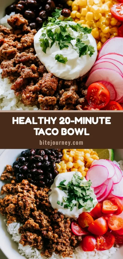 A vibrant Healthy Taco Bowl with distinct sections of seasoned beef, black beans, corn, cherry tomatoes, and radishes on white rice.