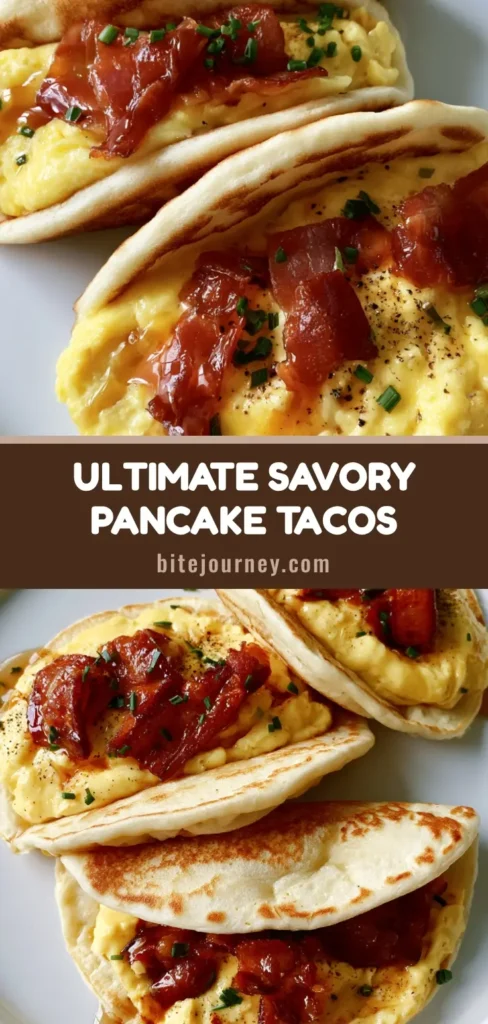 Savory Pancake Tacos with Soft Scrambled Eggs and Crispy Bacon 3 A handheld smartphone photo of three Savory Pancake Tacos on a white plate, filled with yellow eggs and crispy bacon.