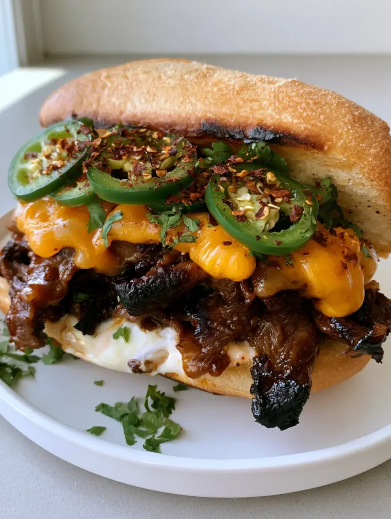 Close-up of shaved sirloin with dark charred edges and glossy brown marinade inside a Korean Steak Sandwich.