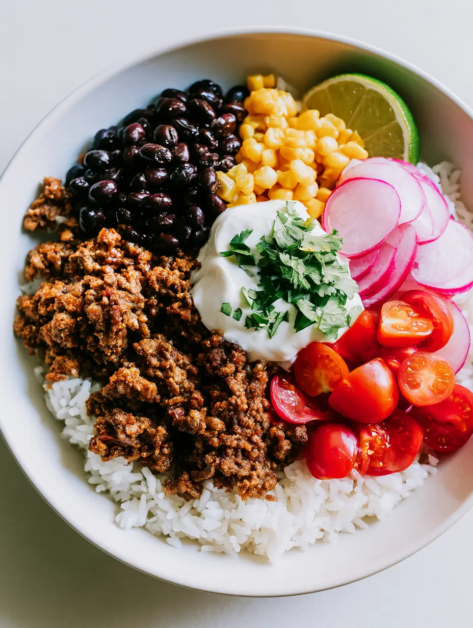 Top-down view of a Healthy Taco Bowl showing fluffy white rice and colorful toppings including pink radishes and red tomatoes.