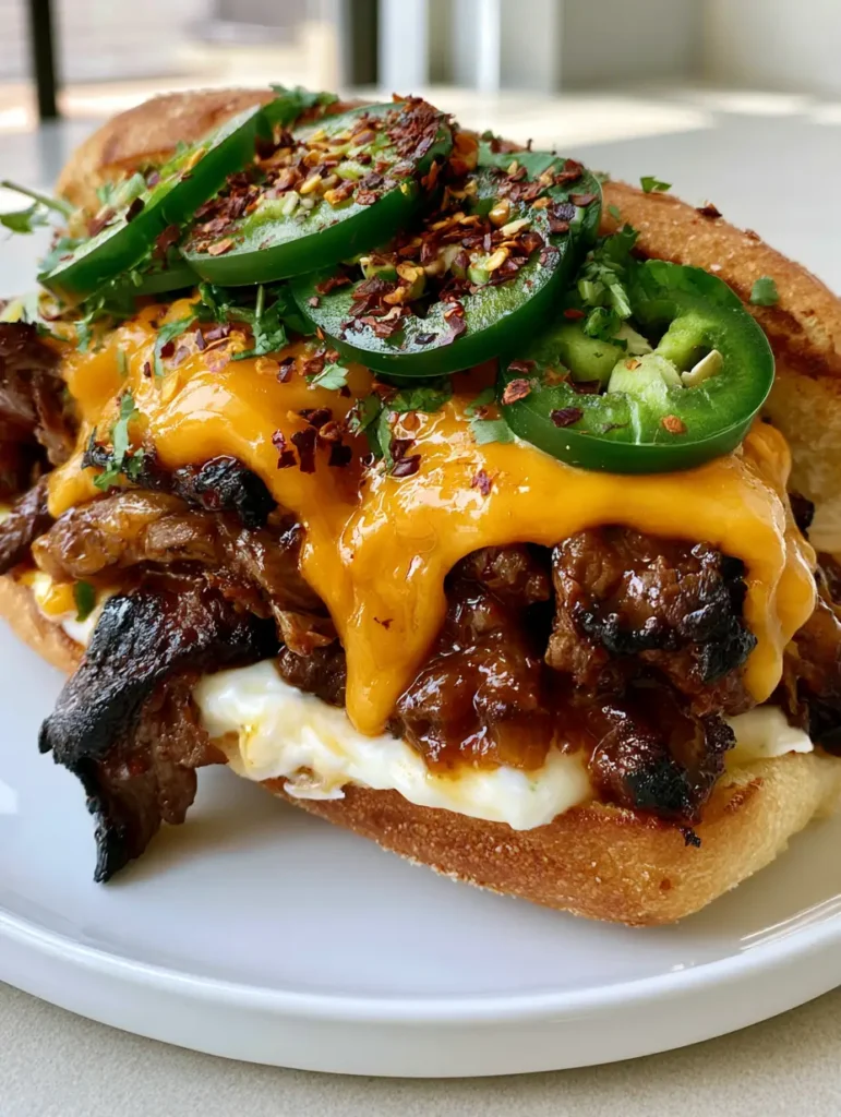 Melting sharp orange cheddar cheese draped over Korean-marinated steak on a white plate.