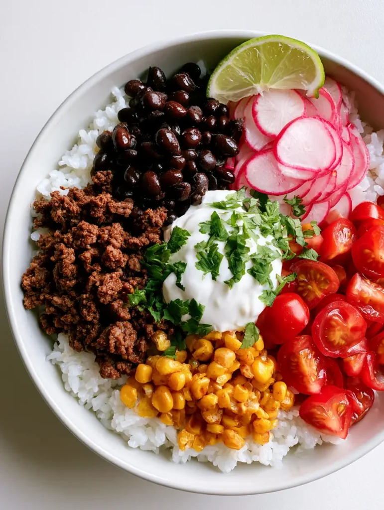 Close-up of the Healthy Taco Bowl ingredients highlighting the seasoned beef and glossy black beans.