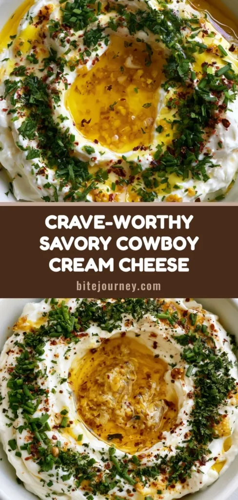 A close-up shot of Cowboy Cream Cheese in a white bowl, featuring whipped white cream cheese topped with glossy golden garlic oil, fresh chives, and red pepper flakes.