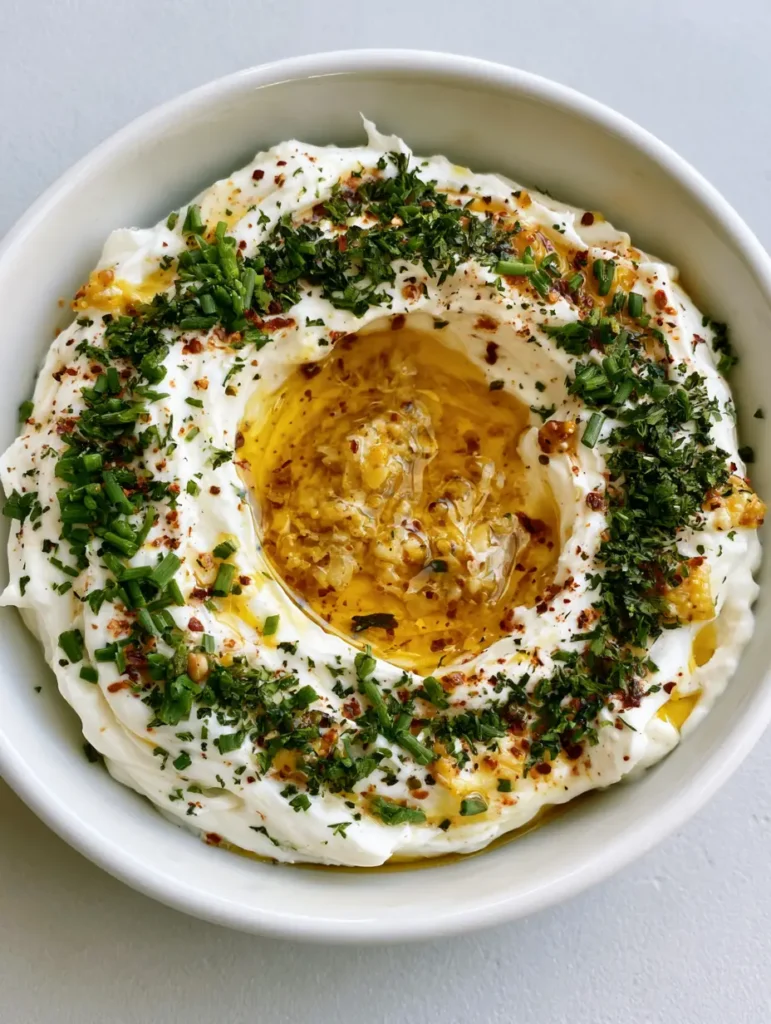 Overhead view of Cowboy Cream Cheese whipped dip with golden mustard-garlic oil and green chives in a shallow white bowl.