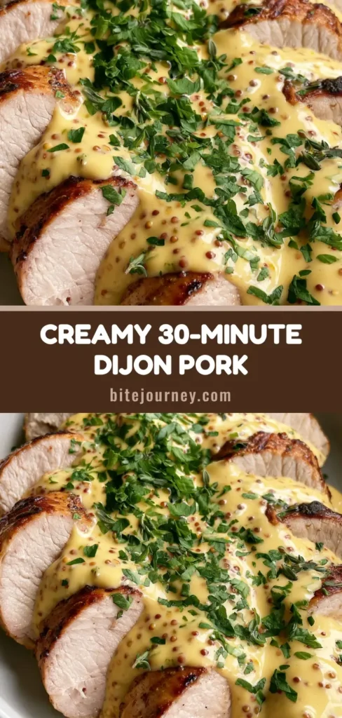 Thick-cut slices of Pan-Seared Pork Tenderloin with a golden-brown crust and light pink centers, drizzled with glossy yellow Dijon mustard cream sauce in a white ceramic bowl.