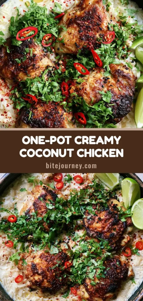 A top-down view of Coconut Chicken and Rice in a black ceramic skillet with crispy chicken thighs and fresh lime wedges.