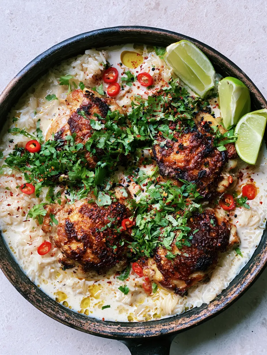 Close-up of seared chicken skin in Coconut Chicken and Rice with red chilies and ivory broth.
