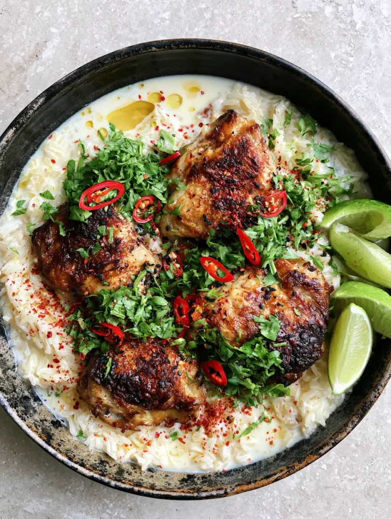 Rustic black ceramic skillet containing Coconut Chicken and Rice topped with cilantro and sesame seeds.