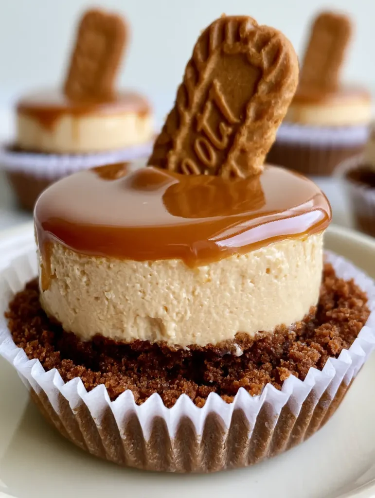 Close-up of a No-Bake Mini Biscoff Cheesecake showing the velvety tan filling and glossy cookie butter layer.