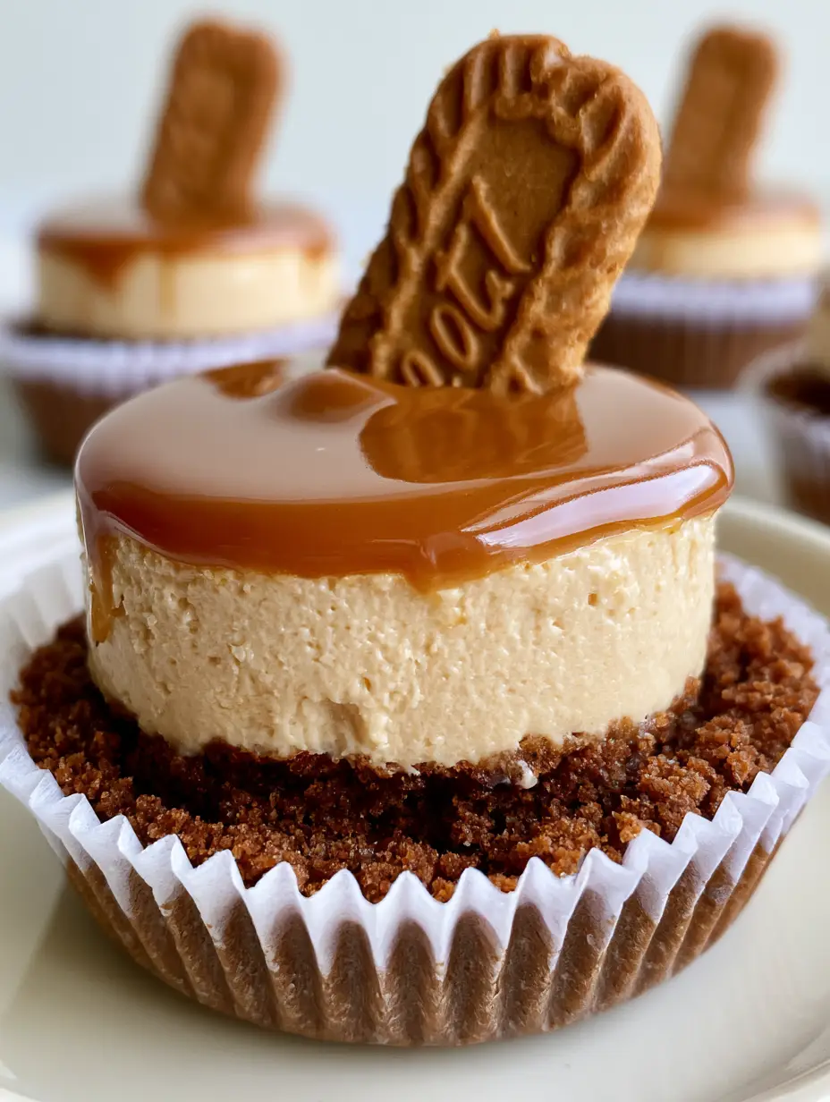 Close-up of a No-Bake Mini Biscoff Cheesecake showing the velvety tan filling and glossy cookie butter layer.