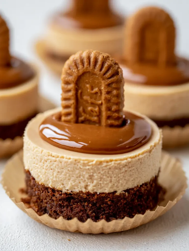 Individual No-Bake Mini Biscoff Cheesecakes in paper liners with vertical Lotus biscuit garnishes.