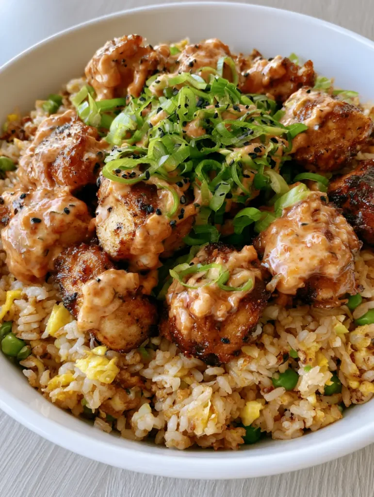 Bang Bang Chicken Fried Rice: The Ultimate Spicy & Creamy 30-Minute Dinner 2 Close up of seared chicken chunks on golden jasmine fried rice with spicy mayo. (Bang Bang Chicken Fried Rice)