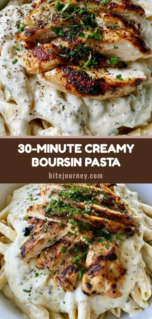 Vertical shot of Boursin Chicken Pasta with penne, creamy herb sauce, and charred chicken breast slices garnished with parsley. (Boursin Chicken Pasta)