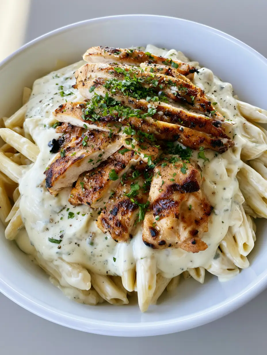 A close-up of a white shallow bowl filled with penne pasta coated in thick white Boursin sauce with charred chicken slices. (Boursin Chicken Pasta)