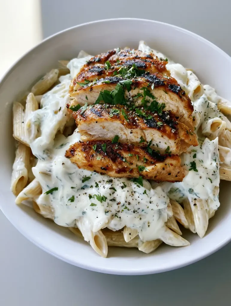Overhead view of penne pasta with thick garlic herb cream sauce and seared chicken slices. (Boursin Chicken Pasta)