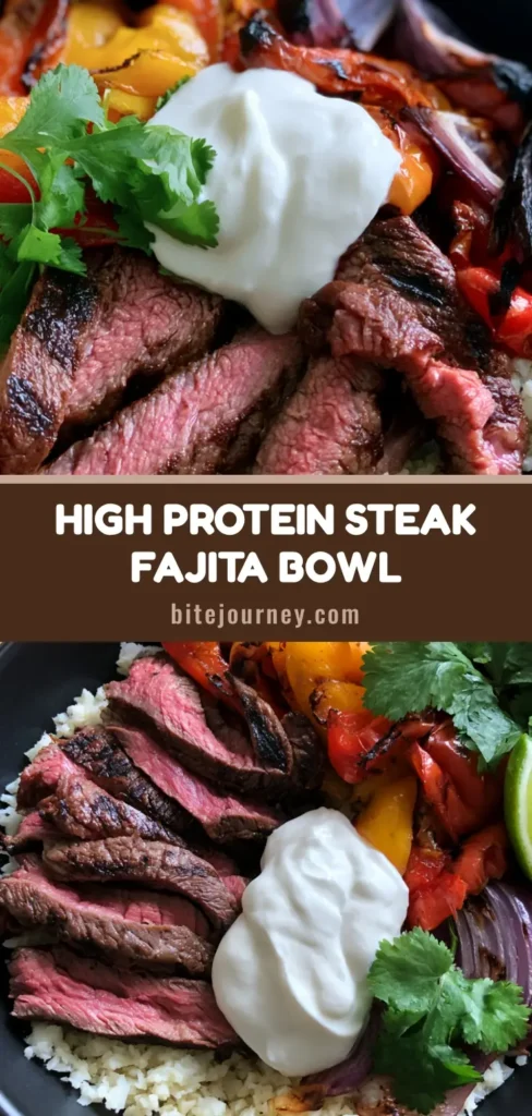 A top-down view of a High Protein Steak Fajita Bowl featuring seared medium-rare steak, charred peppers, and cauliflower rice in a black bowl.