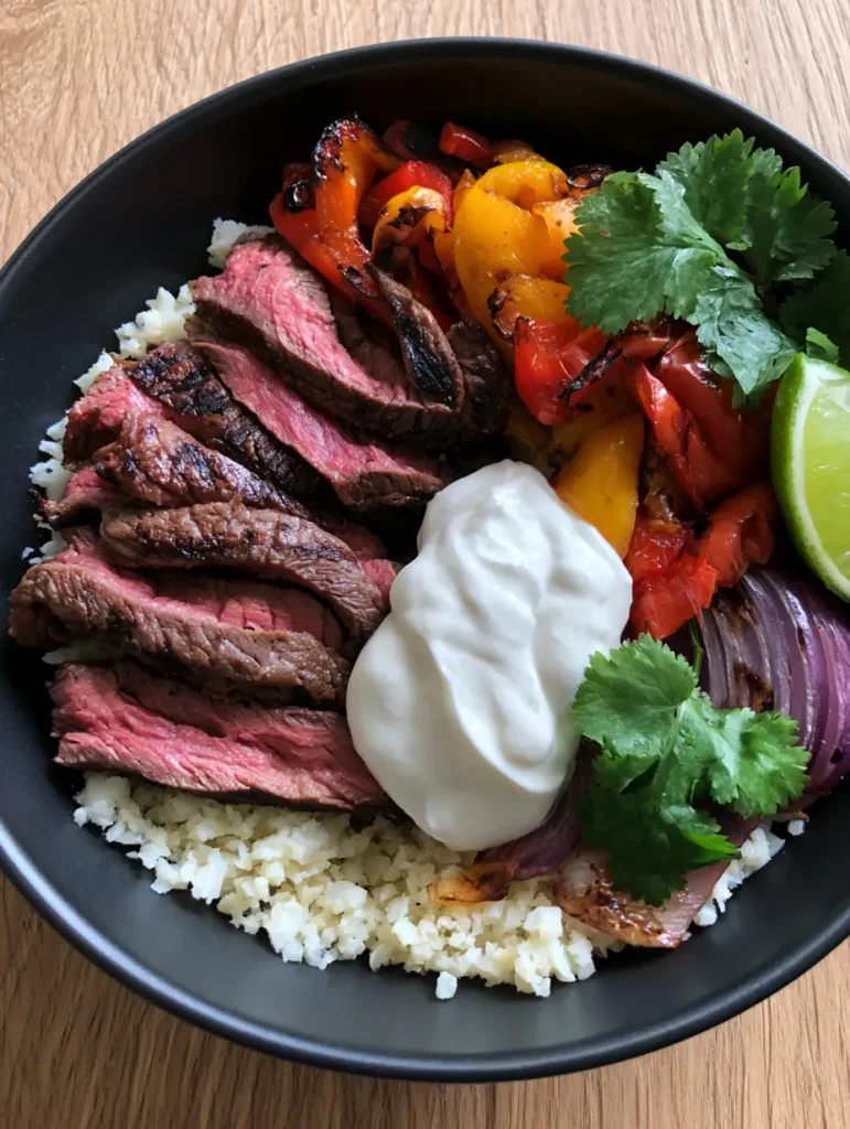 A handheld smartphone photo of a High Protein Steak Fajita Bowl with visible grill marks on the steak and a dollop of sour cream.