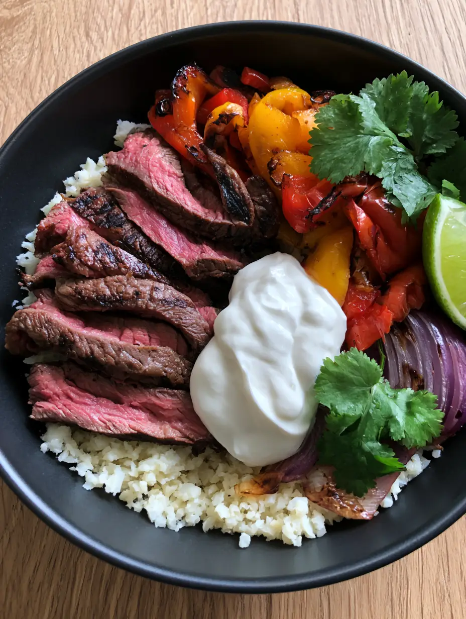 A handheld smartphone photo of a High Protein Steak Fajita Bowl with visible grill marks on the steak and a dollop of sour cream.