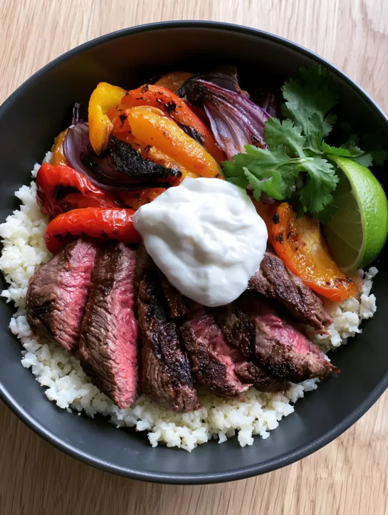Close up of blistered red onions and charred yellow bell peppers in a High Protein Steak Fajita Bowl.