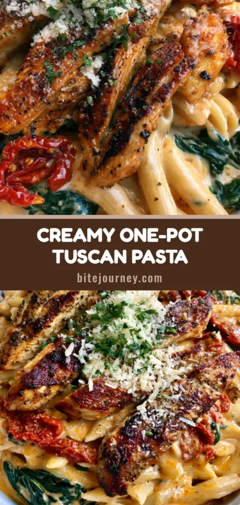 A shallow stone bowl of Tuscan Chicken Pasta with penne, seared chicken strips, wilted spinach, and sun-dried tomatoes in a glossy orange cream sauce.