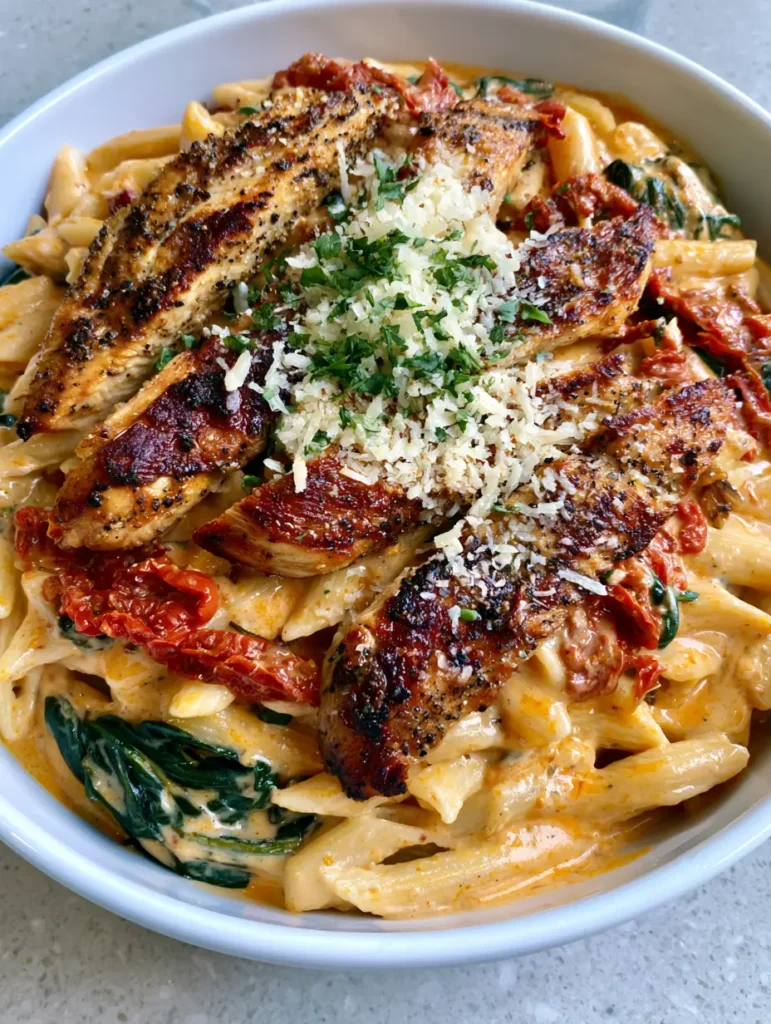 Overhead handheld shot of Tuscan Chicken Pasta showing deep golden char marks on chicken and vibrant red sun-dried tomatoes.