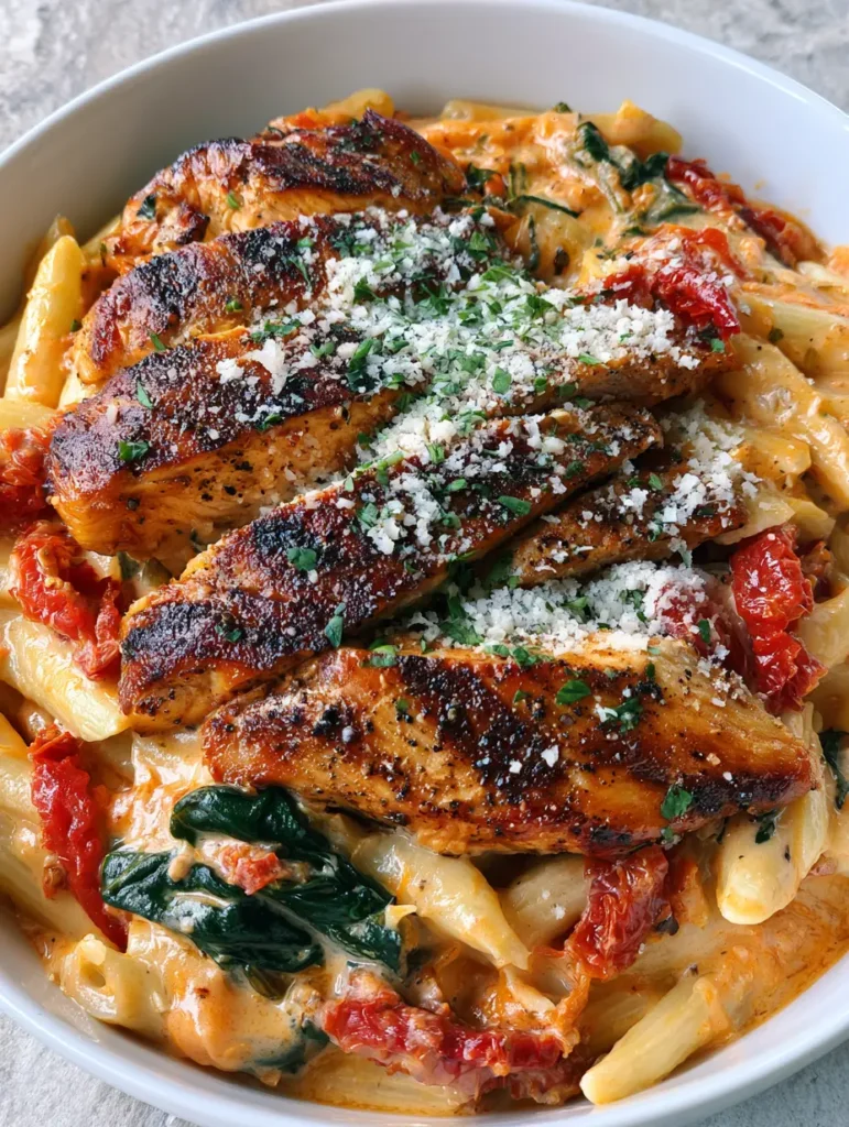 Handheld smartphone photo of a wide bowl of Tuscan Chicken Pasta, emphasizing the glossy, thick texture of the cream sauce.