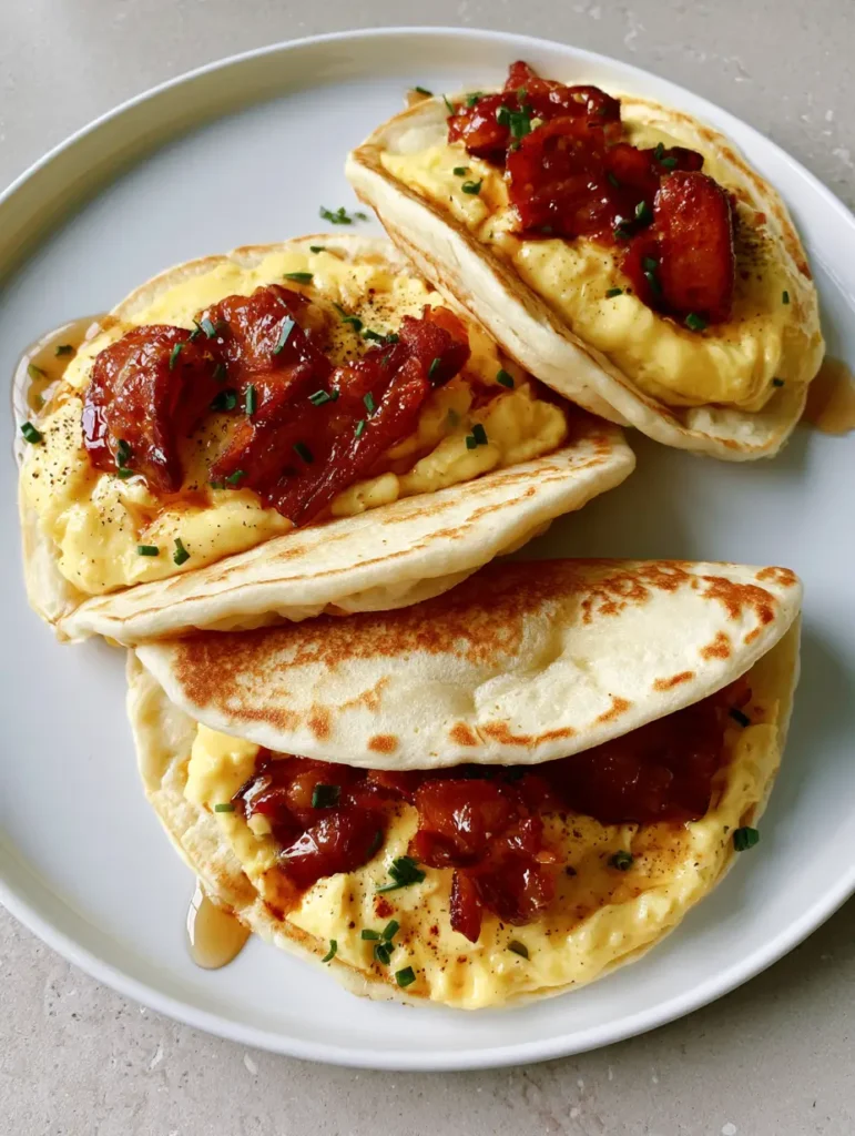 Savory Pancake Tacos with Soft Scrambled Eggs and Crispy Bacon 2 Close up of three golden-brown Savory Pancake Tacos garnished with fresh chives and maple syrup.