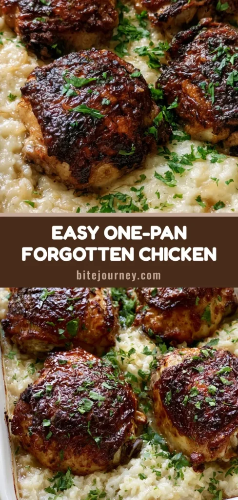 A rectangular white ceramic casserole dish filled with creamy white rice and four crispy bone-in chicken thighs topped with fresh parsley. (Forgotten Chicken)